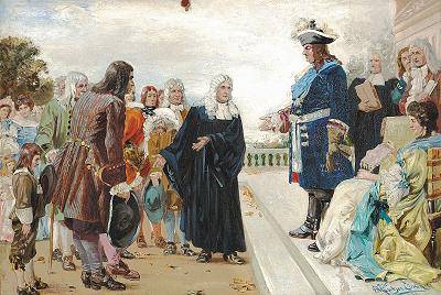 The Great Elector welcomes the French refugees in the Palace of Potsdam