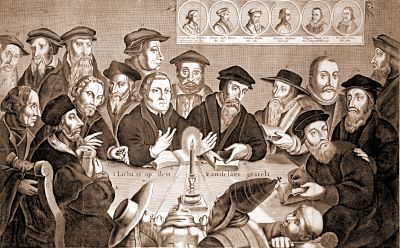 Licht auf dem Leuchter (light on the candlestick) with the Reformers Calvin, Luther and others, 2nd half of the 17th century