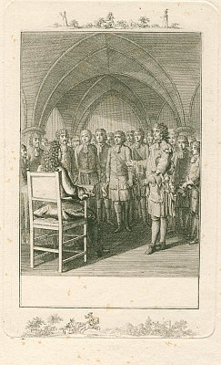 Chodowiecki - Marshal von Schomberg presents the Huguenot soldiers and officers to the Great Elector