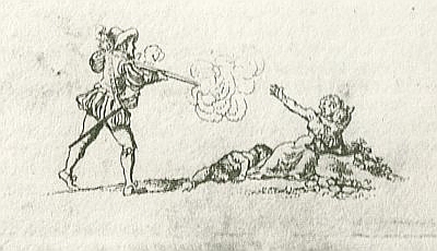 Chodowiecki and the Massacre of St Bartholomews Day - A soldier is shooting at a Huguenot woman with a child