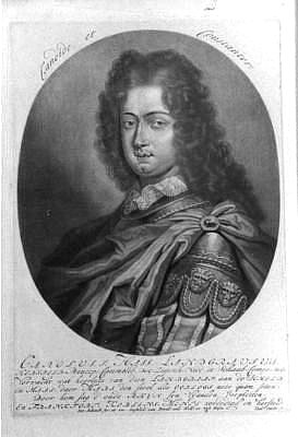 Carl, Landgrave of  Hesse-Kassel<br>1654-1730<br>He invited Huguenots to settle in Hesse. Mezzotint engraving by P. Schenk