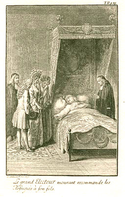 Frederick William, the Great Elector of Brandenburg<br>1620-1688<br>On his deathbed the Elector recommends the Huguenots to his son, engraving by Daniel Chodowiecki